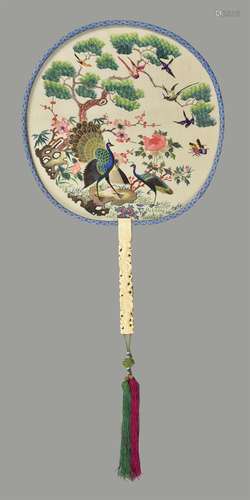 A fine Chinese double sided embroidered fan from the Suzhou embroidery region