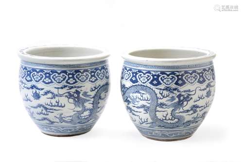 A large pair of Chinese blue and white 'Dragon' jardinières