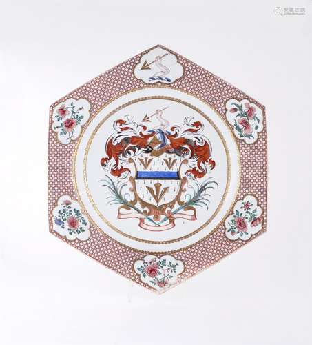 A Chinese Armorial hexagonal large dish