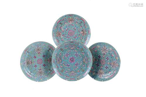 Four various turquoise ground 'Famille Rose' plates