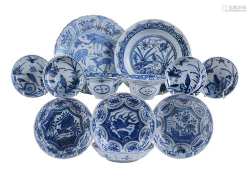 A group of Chinese blue and white 'Kraak' bowls and dishes