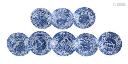 Eight various 'Kraak Klapmuts' blue and white small bowls