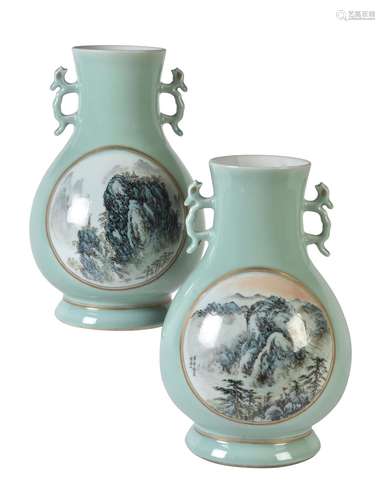 A pair of large celadon-ground famille rose vases