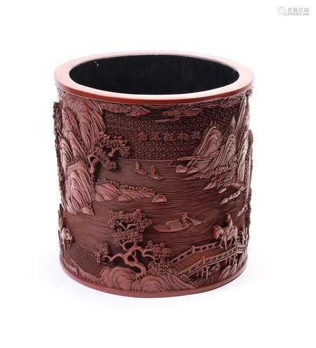 A large Chinese cinnabar lacquer cylindrical brush pot