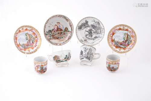 A pair of Chinese famille rose 'Meissen style' cups and saucers