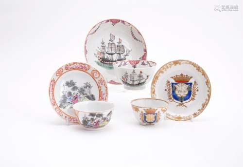 Three Chinese export famille rose tea bowls and saucers