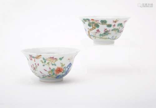 A pair of famille rose celadon-ground lobed cups