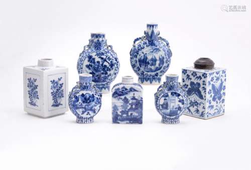 Two square Chinese blue and white tea caddies