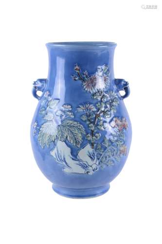 A large Chinese blue-glazed twin-handled vase