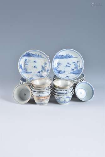 Seventeen Ca Mau 'fisherman' pattern blue and white saucers and twelve tea bowls