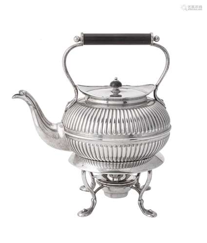 A late Victorian silver gadrooned compressed circular kettle on stand by Horace Woodward & Co. Ltd.