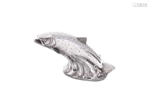 A silver over resin model of a leaping salmon by Camelot Silverware Ltd