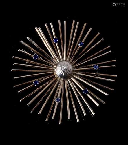 A sapphire and diamond sunburst brooch