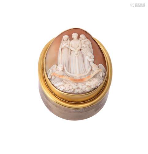 A silver gilt and shell cameo oval box by Frederick Thomas Buckthorpe