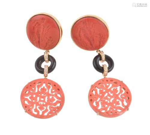 A pair of coral, onyx and diamond pendent earrings