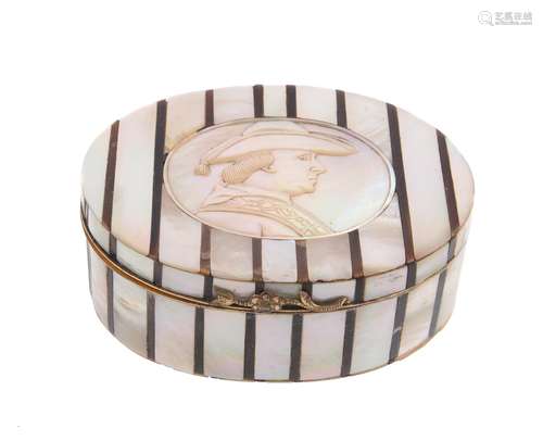 A late 18th century mother of pearl veneered oval snuff box