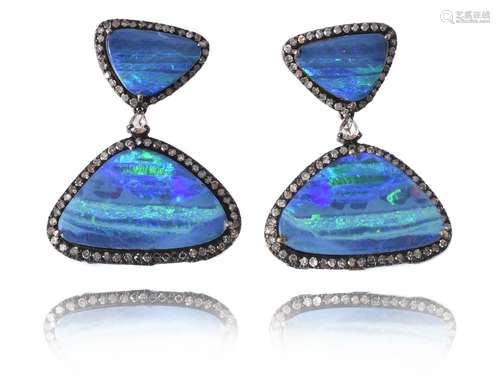 A pair of opal doublet and diamond earrings