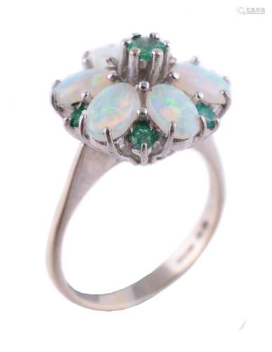 An opal and emerald cluster ring