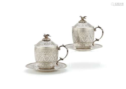 A pair of Ottoman silver sahlep cups, covers and stands