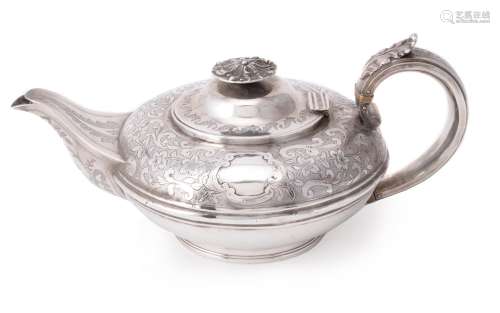 A George IV silver circular compressed tea pot by Charles Fox