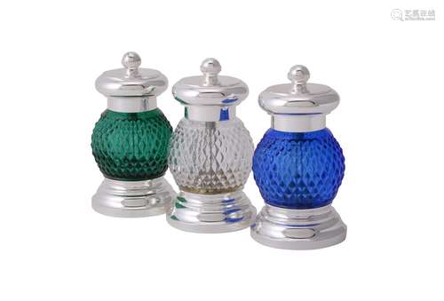 Three coloured glass and electro-plated pepper grinders retailed by Annabel Jones