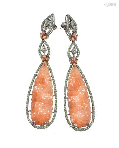 A pair of orange jadeite, green garnet and citrine pendant earrings by Bochic, New York