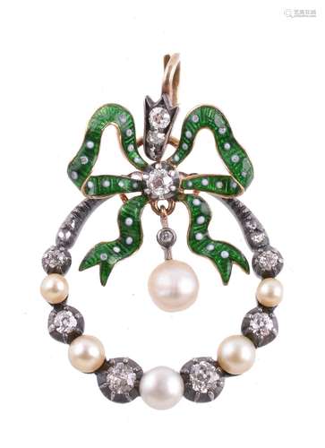 An Edwardian diamond, enamel and pearl pendant