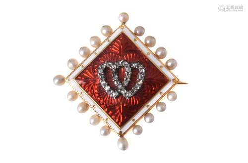 A late Victorian diamond, enamel and pearl brooch