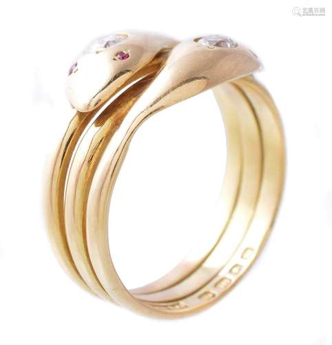 An 18 carat gold and diamond snake ring