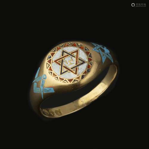 A mid Victorian 18 carat gold and enamel Masonic ring