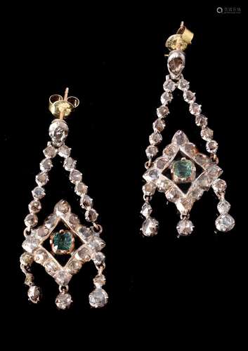 A pair of 19th century and later emerald and diamond ear pendants