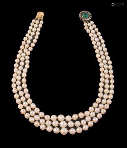 A cultured pearl, emerald and diamond necklace