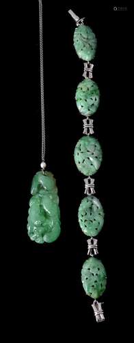 An Art Deco carved jadeite jade and pearl pendant