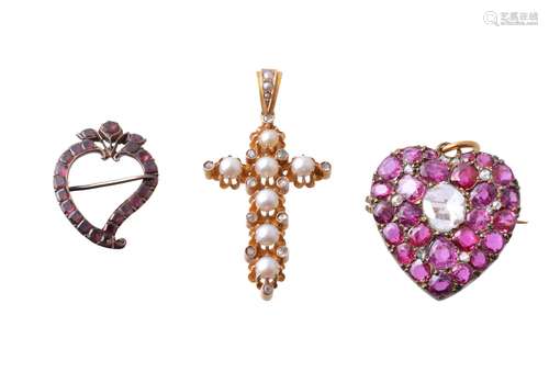 A late 19th century ruby and diamond heart shaped brooch/pendant