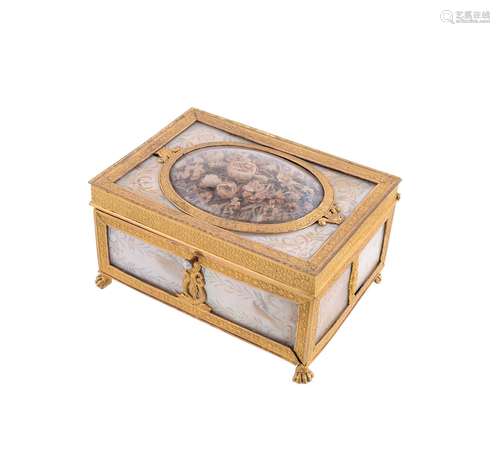 A mid 19th century gilt metal and mother of pearl rectangular jewellery casket