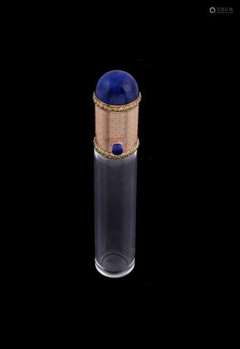 A French two colour gold mounted plain glass cylindrical scent bottle or phial