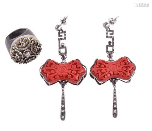 A pair of cinnabar lacquer, diamond and black diamond pendent earrings by Bochic, New York