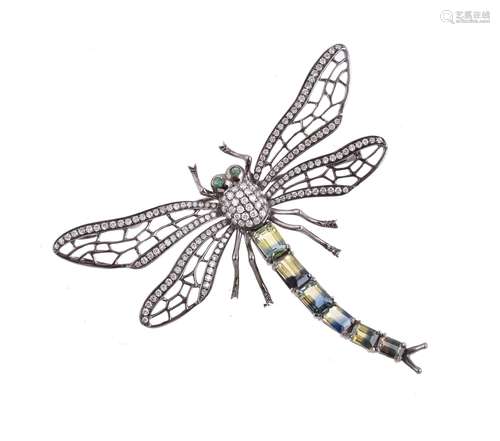 A diamond and gem set dragonfly brooch