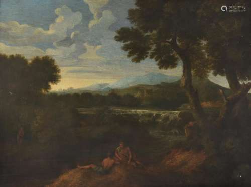 Follower of Gasper Dughet, Landscape with waterfall and figures along the bank