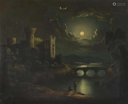 Circle of Sebastian Pether (British 1790-1844), Moonlit landscape with bridge and castle