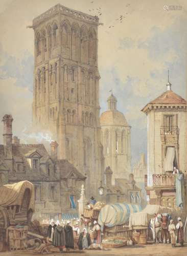 Circle of Samuel Prout (British 1783-1852), Market Place, Tours
