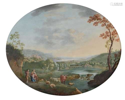 English Provincial School (Circa 1800) , Classical river scene with figures and cattle