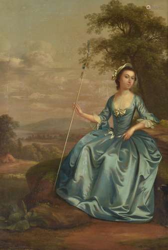 Arthur Devis (British 1711-1787) , Portrait of a lady in a blue dress with shepherd's crook