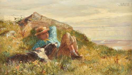 Lionel Percy Smythe (British 1839-1918), Boy resting beside a rock with his dog