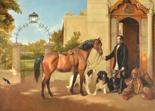 Friedrich Wilhelm Keyl (German 1823-1871) , A gentleman in hunting dress with horse and dogs