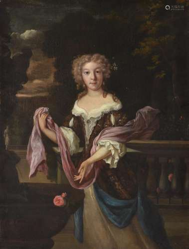 Eglon Hendrik van der Neer (Dutch 1634-1703) , Portrait of a young girl standing on a park terrace