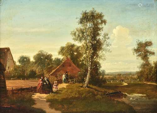 Continental School (19th century) , Elegant figures in a landscape