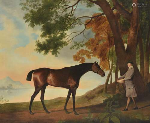 Studio of George Stubbs (British 1724-1806), Shark and his trainer Price in a river landscape