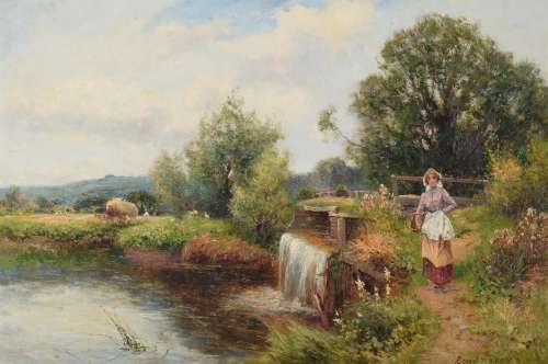 Ernest Walbourn (British 1872-1927) , Collecting flowers along the riverbank