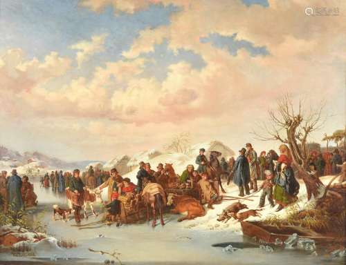 Kilian Christoffer Zoll (Swedish 1818-1860), A Village Gathering in Winter